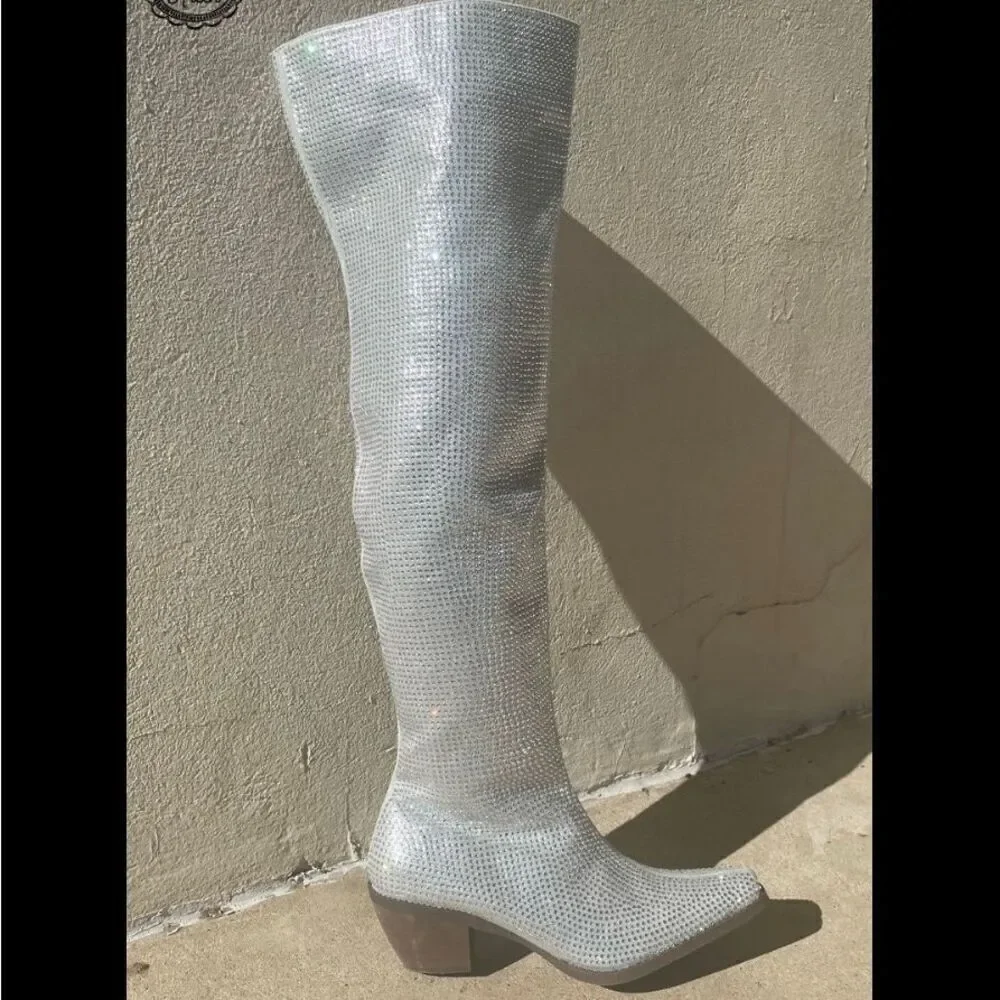 Cowgirl Boots Western Ranch Rodeo 2” Heel Over The Knee Rhinestone New
